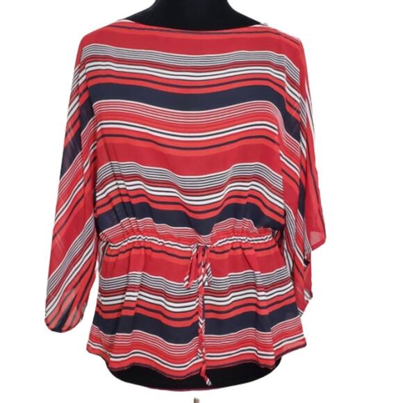 Red White and Blue Striped Top Medium Drawstring Cinched Waist - Picture 1 of 8
